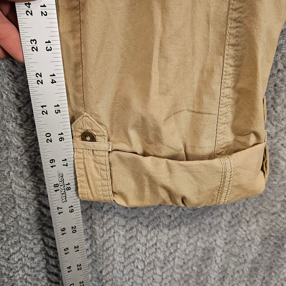 Boho Beach Khaki Cargo Capri Pants Women 4P Tan Utility Cropped Trousers Pockets - Picture 4 of 9